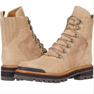 Marc Fisher Izzie Snake Embossed Combat Boots Suede Light Natural size 7 NEW