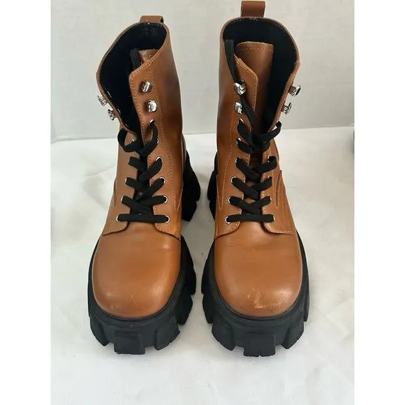 Marc Fisher LTD Happy Leather Boots Lace up Combat Tan Size 5.5