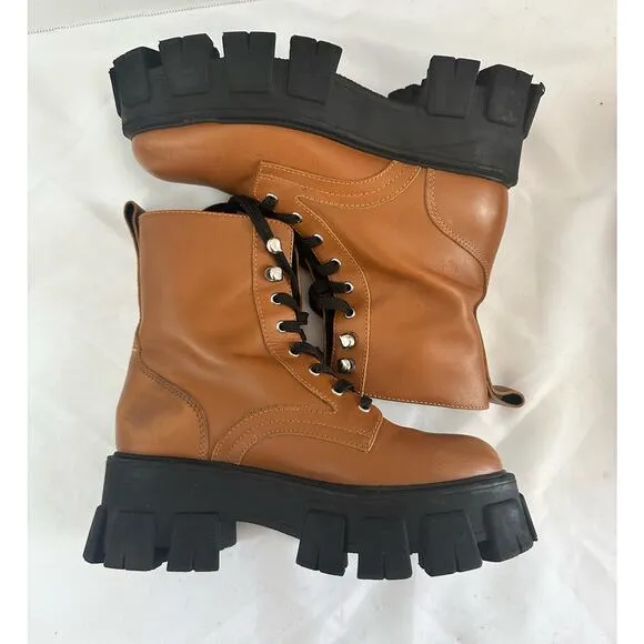 Marc Fisher LTD Happy Leather Boots Lace up Combat Tan Size 5.5