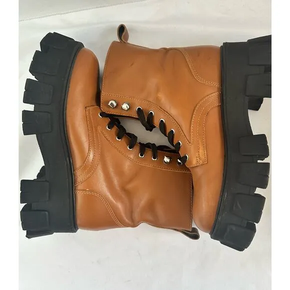 Marc Fisher LTD Happy Leather Boots Lace up Combat Tan Size 5.5
