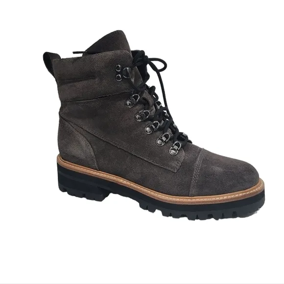 Marc Fisher Mlinka Grey Combat Boots Lace Up chucky heel Suede Leather Hike moto