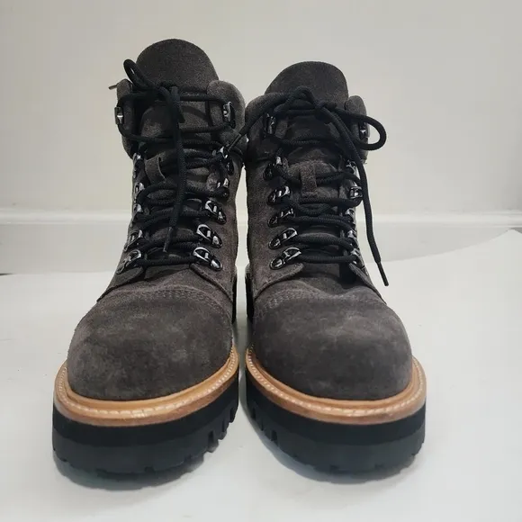 Marc Fisher Mlinka Grey Combat Boots Lace Up chucky heel Suede Leather Hike moto