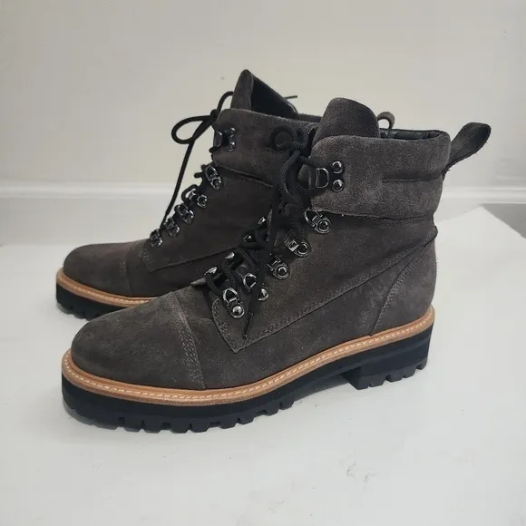 Marc Fisher Mlinka Grey Combat Boots Lace Up chucky heel Suede Leather Hike moto