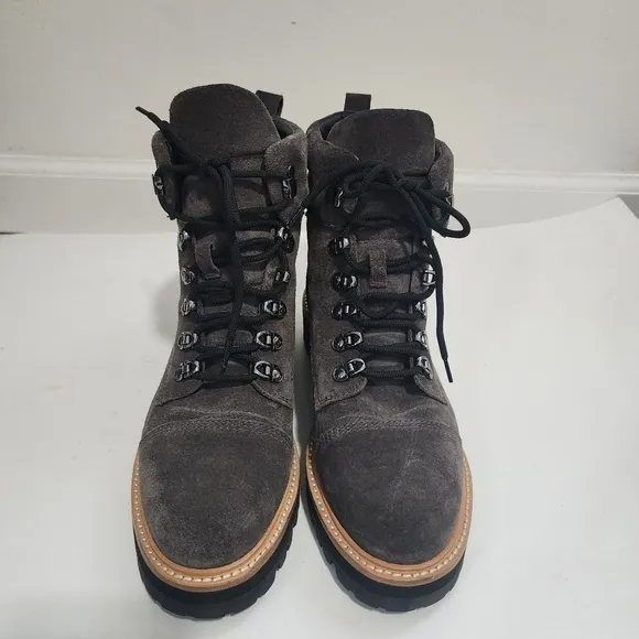 Marc Fisher Mlinka Grey Combat Boots Lace Up chucky heel Suede Leather Hike moto