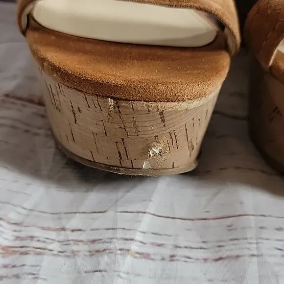 Marc Fisher Tawny Tan Suede Platform Sandal Slip On Shelbee Wedges Size 7.5