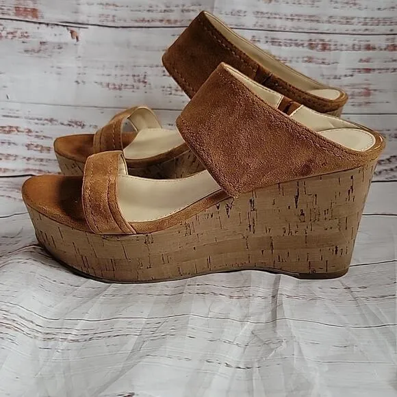 Marc Fisher Tawny Tan Suede Platform Sandal Slip On Shelbee Wedges Size 7.5