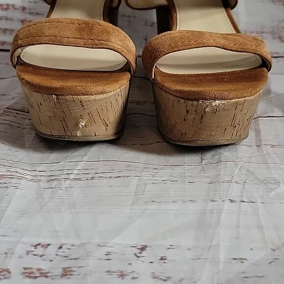 Marc Fisher Tawny Tan Suede Platform Sandal Slip On Shelbee Wedges Size 7.5