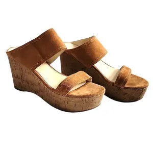 Marc Fisher Tawny Tan Suede Platform Sandal Slip On Shelbee Wedges Size 7.5