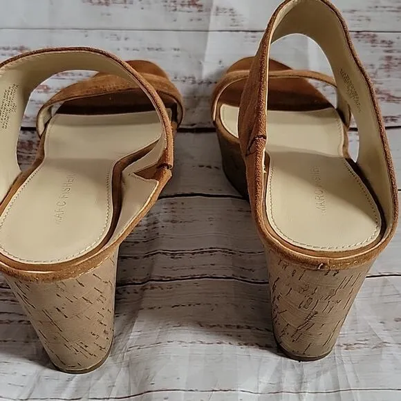 Marc Fisher Tawny Tan Suede Platform Sandal Slip On Shelbee Wedges Size 7.5