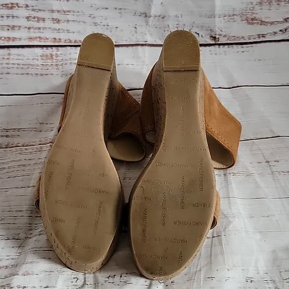 Marc Fisher Tawny Tan Suede Platform Sandal Slip On Shelbee Wedges Size 7.5
