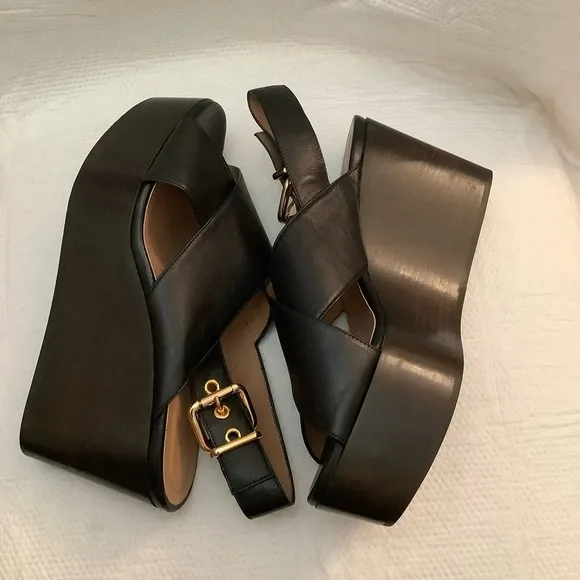 Marni Black Leather Crisscross Wedges Platform With Buckle Sandal Size 39​​