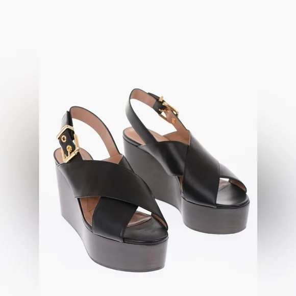 Marni Black Leather Crisscross Wedges Platform With Buckle Sandal Size 39​​