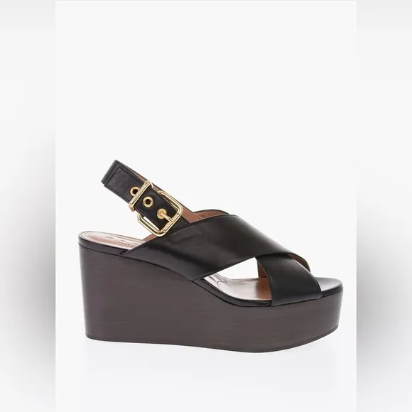 Marni Black Leather Crisscross Wedges Platform With Buckle Sandal Size 39​​