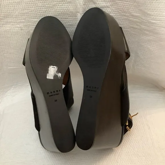 Marni Black Leather Crisscross Wedges Platform With Buckle Sandal Size 39​​