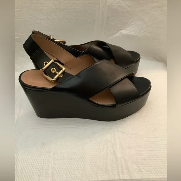 Marni Black Leather Crisscross Wedges Platform With Buckle Sandal Size 39​​