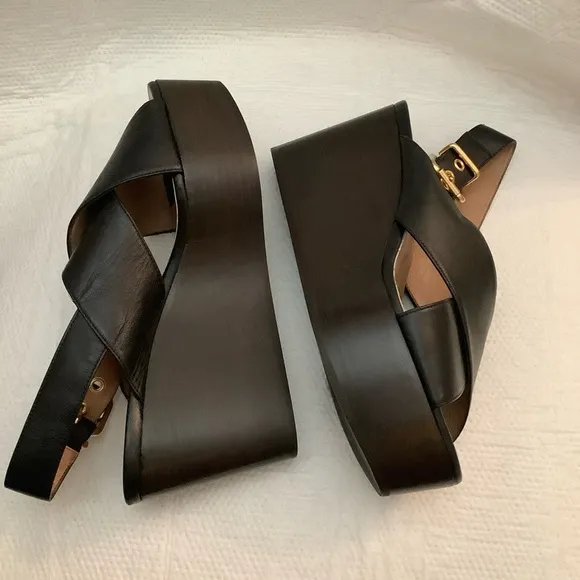 Marni Black Leather Crisscross Wedges Platform With Buckle Sandal Size 39​​