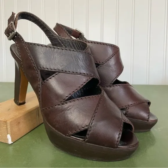 Marni Crossover Peep Toe Heel Sandals/Heels in Dark Brown Leather *Italy*