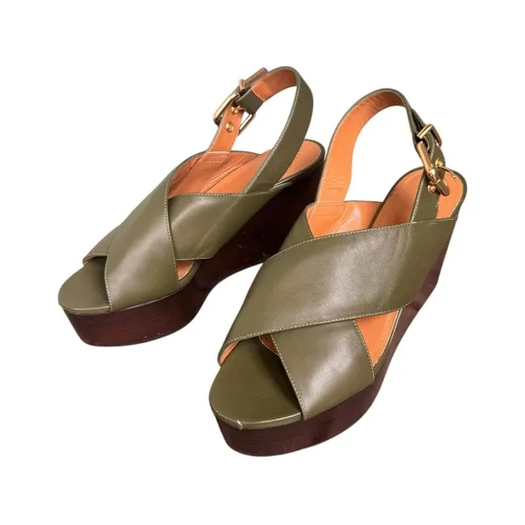 Marni Green Leather Crisscross Wedges Platform With Buckle Sandal Size 39
