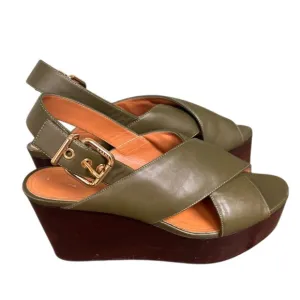 Marni Green Leather Crisscross Wedges Platform With Buckle Sandal Size 39