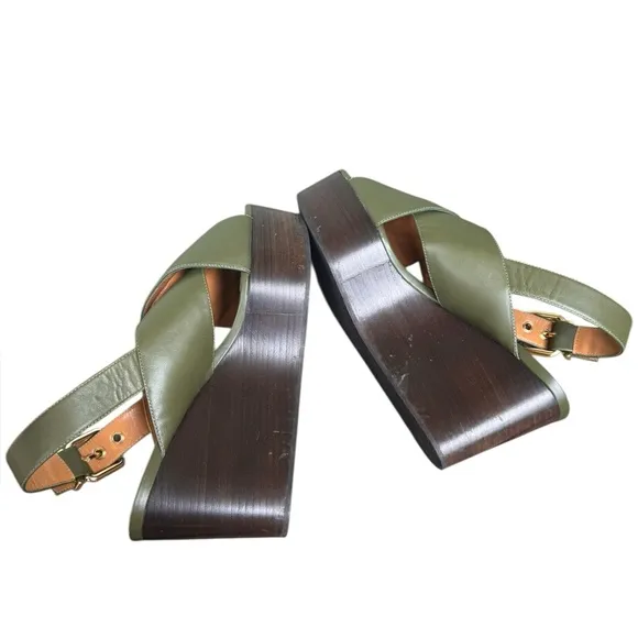 Marni Green Leather Crisscross Wedges Platform With Buckle Sandal Size 39