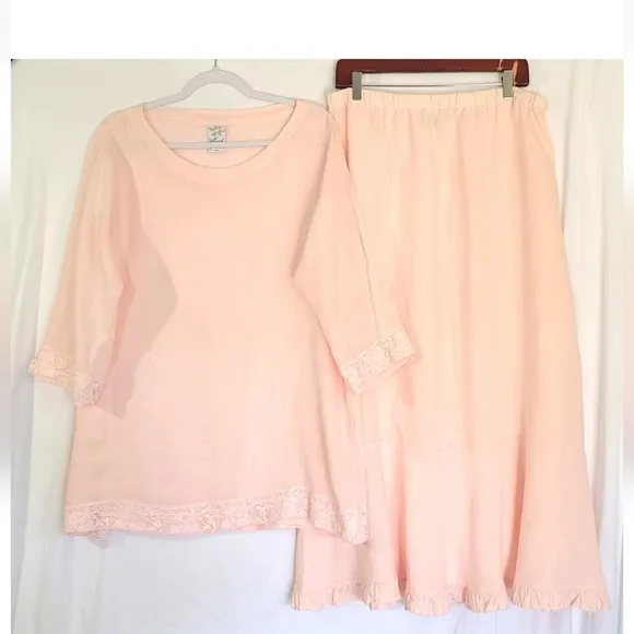 Matchpoint Womens 100% Linen Light Pink Tunic Top Skirt Set Large