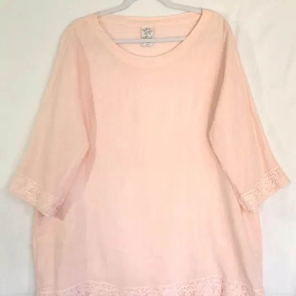 Matchpoint Womens 100% Linen Light Pink Tunic Top Skirt Set Large
