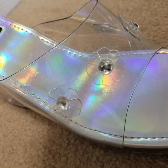 Maurices wedges 9 holographic clear chunky slip on heels sandal flower power Y2K