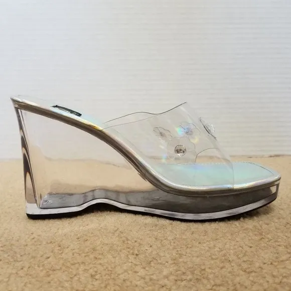 Maurices wedges 9 holographic clear chunky slip on heels sandal flower power Y2K