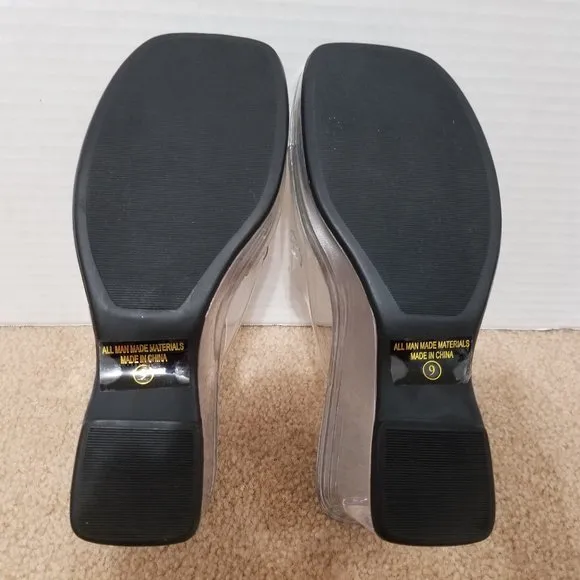 Maurices wedges 9 holographic clear chunky slip on heels sandal flower power Y2K