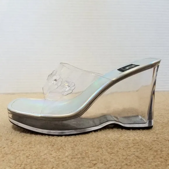 Maurices wedges 9 holographic clear chunky slip on heels sandal flower power Y2K