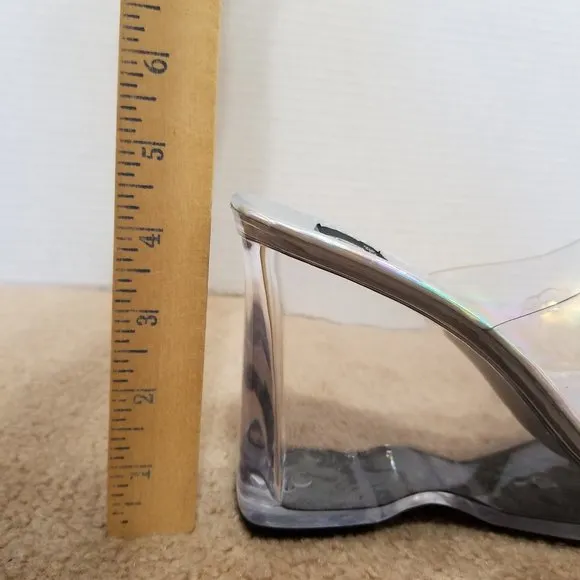 Maurices wedges 9 holographic clear chunky slip on heels sandal flower power Y2K