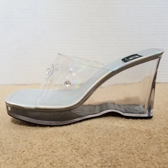 Maurices wedges 9 holographic clear chunky slip on heels sandal flower power Y2K