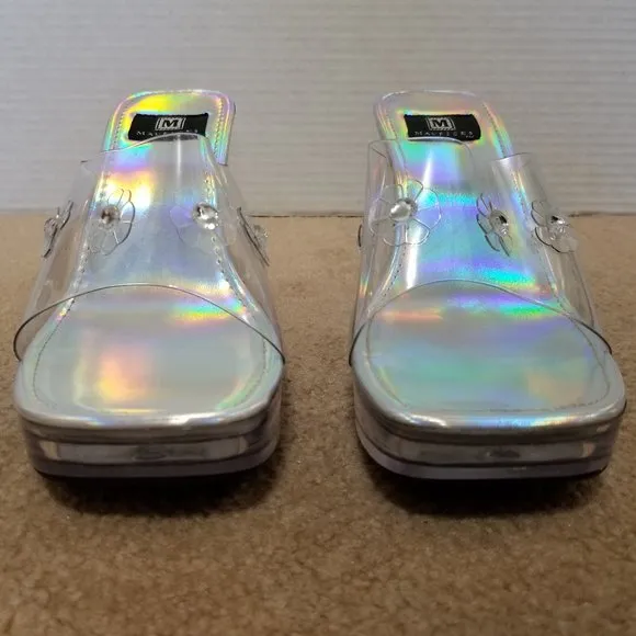 Maurices wedges 9 holographic clear chunky slip on heels sandal flower power Y2K