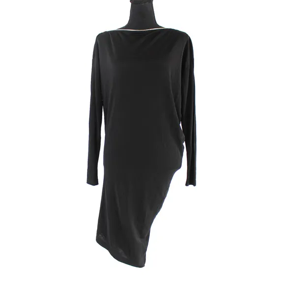 MCQ Alexander McQueen Black Zip Boat Neck Asymmetric Dress XS Long Sleeve Midi