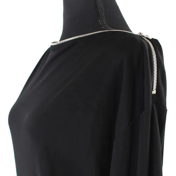 MCQ Alexander McQueen Black Zip Boat Neck Asymmetric Dress XS Long Sleeve Midi