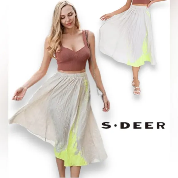 MEDIUM NWT SDEER Women's Fashion Floral Midi Skirt, High Waist Pleated A-Line E