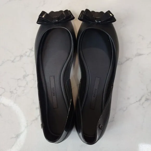 Melissa Women Size 9 Black Jelly Flats Bow Peep Toe Eco Friendly Slip On Classic