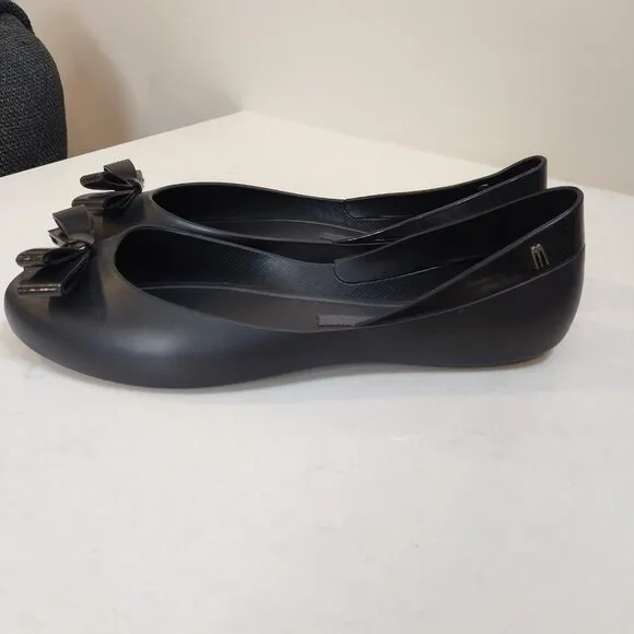 Melissa Women Size 9 Black Jelly Flats Bow Peep Toe Eco Friendly Slip On Classic