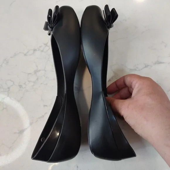 Melissa Women Size 9 Black Jelly Flats Bow Peep Toe Eco Friendly Slip On Classic