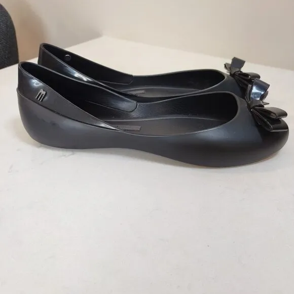 Melissa Women Size 9 Black Jelly Flats Bow Peep Toe Eco Friendly Slip On Classic