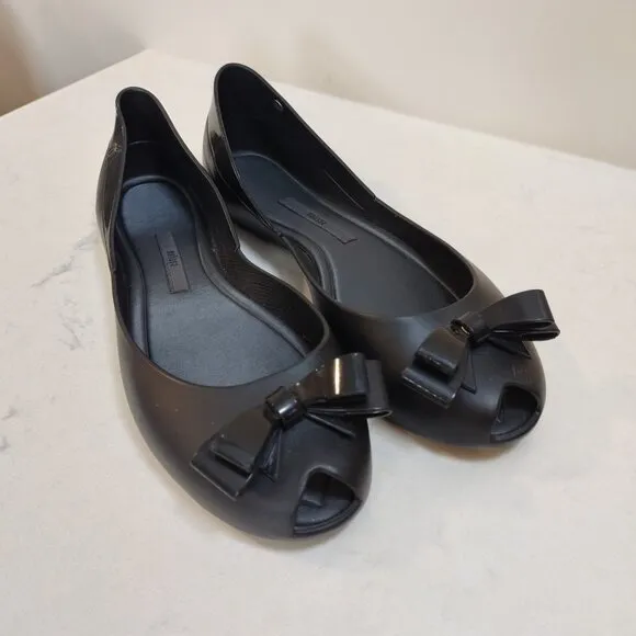 Melissa Women Size 9 Black Jelly Flats Bow Peep Toe Eco Friendly Slip On Classic