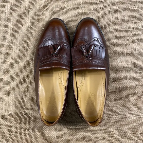 men Stafford dress shoe wing tip tassels brown leather 14 D
