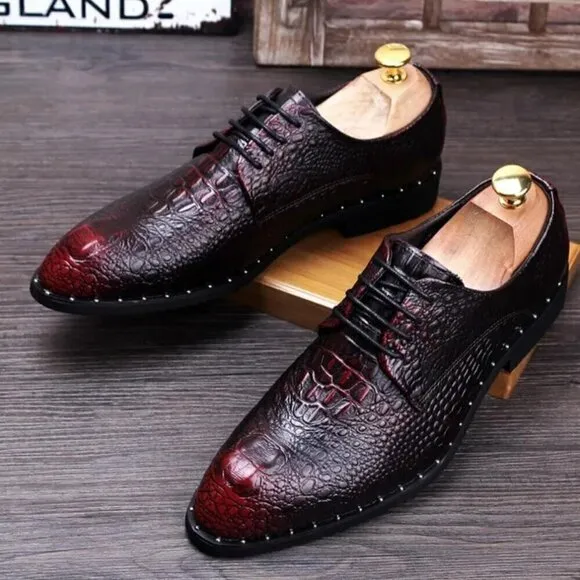 Mens Leather Burgundy Crocodile Oxford Shoes Size 8
