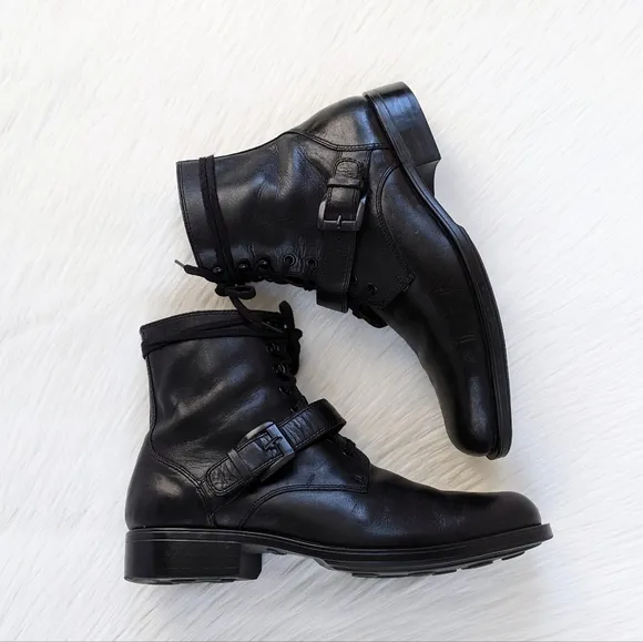 Men's Rockport Black Leather Combat Buckle Boots | Size 11