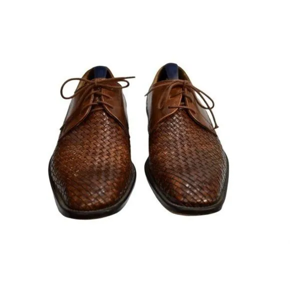 Men's Saks Fifth Avenue Brown Leather Woven Lace-Up Oxford Shoes Italian Size 8M
