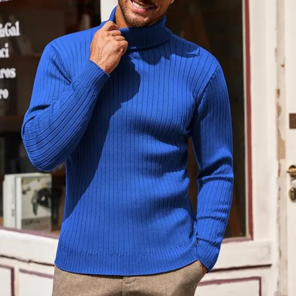 MEN'S Slim Fit Turtleneck Sweater Lightweight Blue