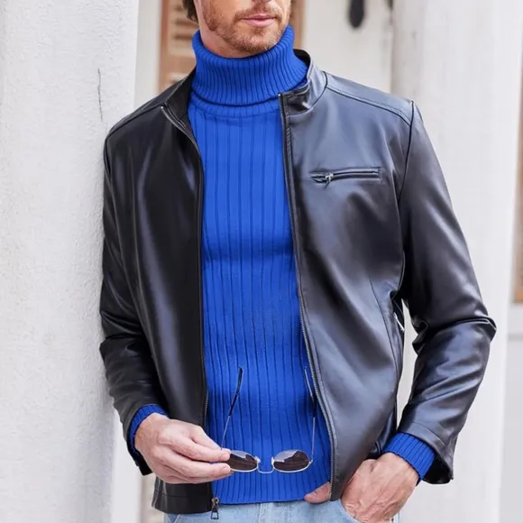 MEN'S Slim Fit Turtleneck Sweater Lightweight Blue