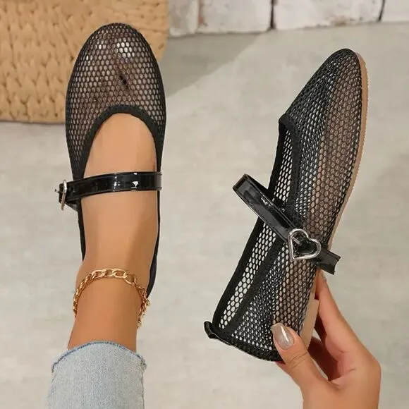 Mesh Flats with  Metal Heart Buckle.