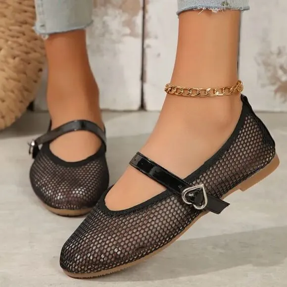 Mesh Flats with  Metal Heart Buckle.