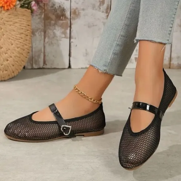 Mesh Flats with  Metal Heart Buckle.